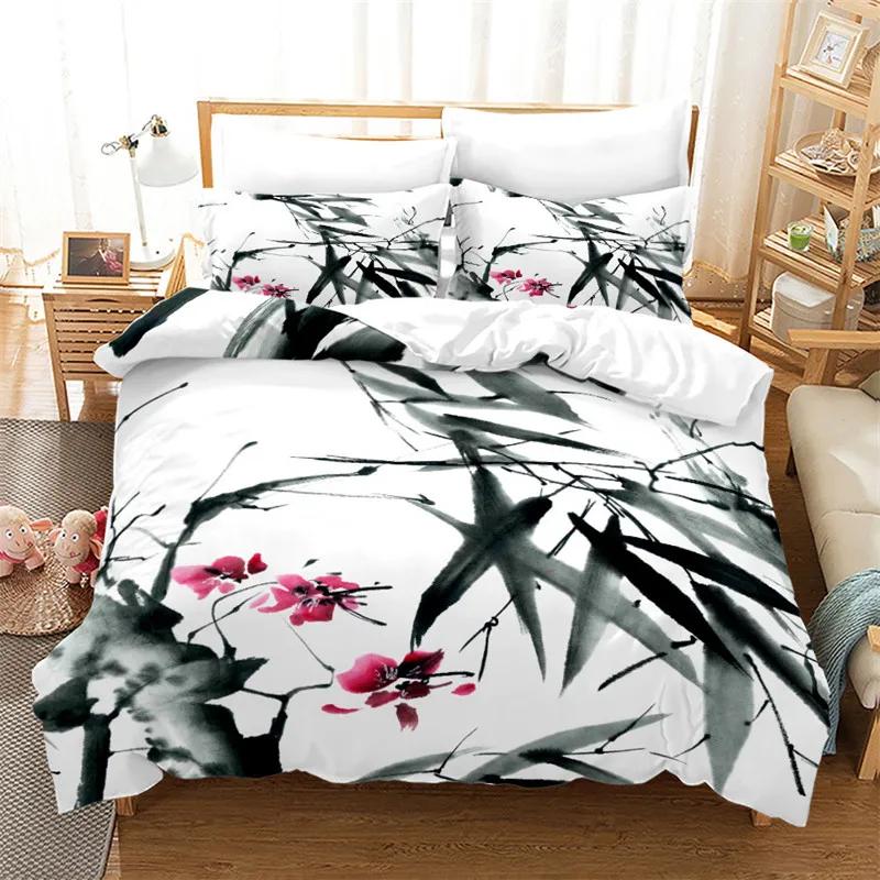 Ink Painting Duvet Cover Japanese Style Mount Fuji Comforter Cover Red Cherry Blossoms Print Bedding Set For Adults Teens Girls