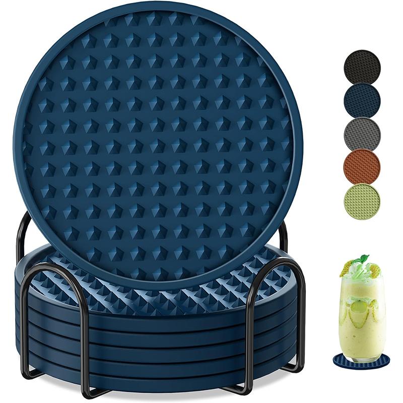 Coasters for Drinks 6 Pack Drink Coaster with Holder Heat Resistant Silicone Cup Mat Tabletop Protection Non-Slip Coasters JT572