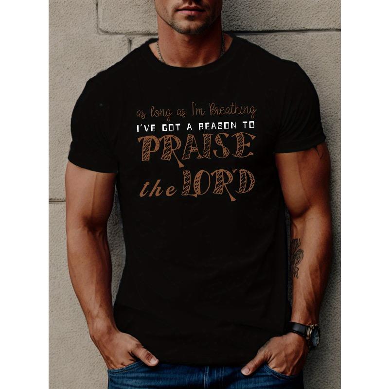 

European Size Men S Casual Crew Neck T-Shirt with PRAISE THE LORD Geometric Pattern, Knit Fabric, Slight Stretch, Regular Fit, Summer Top - 150gsm 4XL чорний