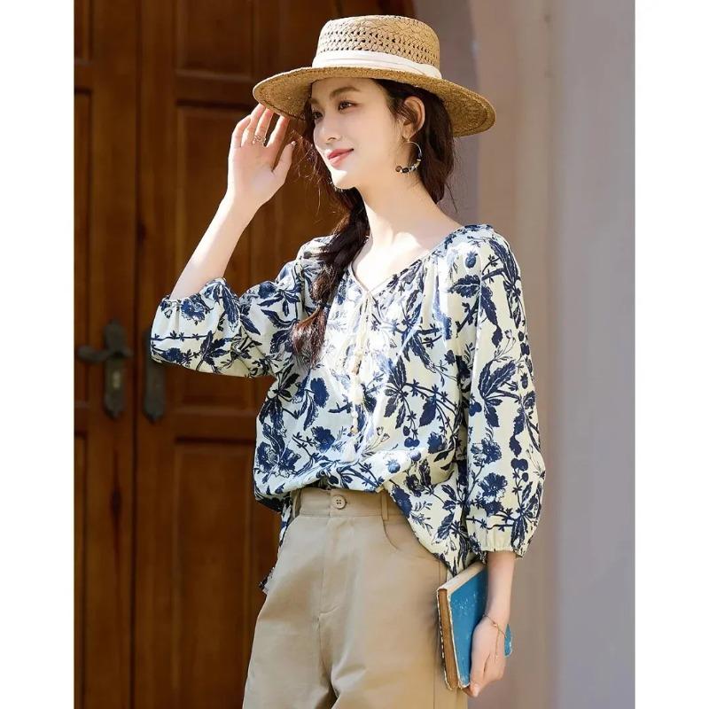 Women Blue Floral Print Tie V Neck Lantern Sleeve Chiffon Blouse S
