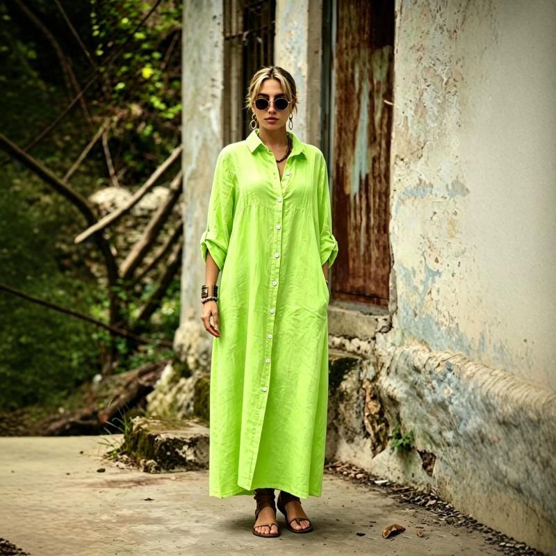 BITCED Fashion Summer Spring Solid Color Print Long Sleeve POLO Neck  Casual Dresses