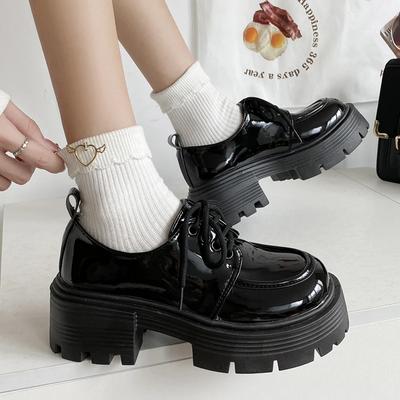 Patent Leather Platform Loafers Women Autumn Preppy Style Lace Up Oxford Shoes Woman Black Thick Bottom Y2K Shoes Female
