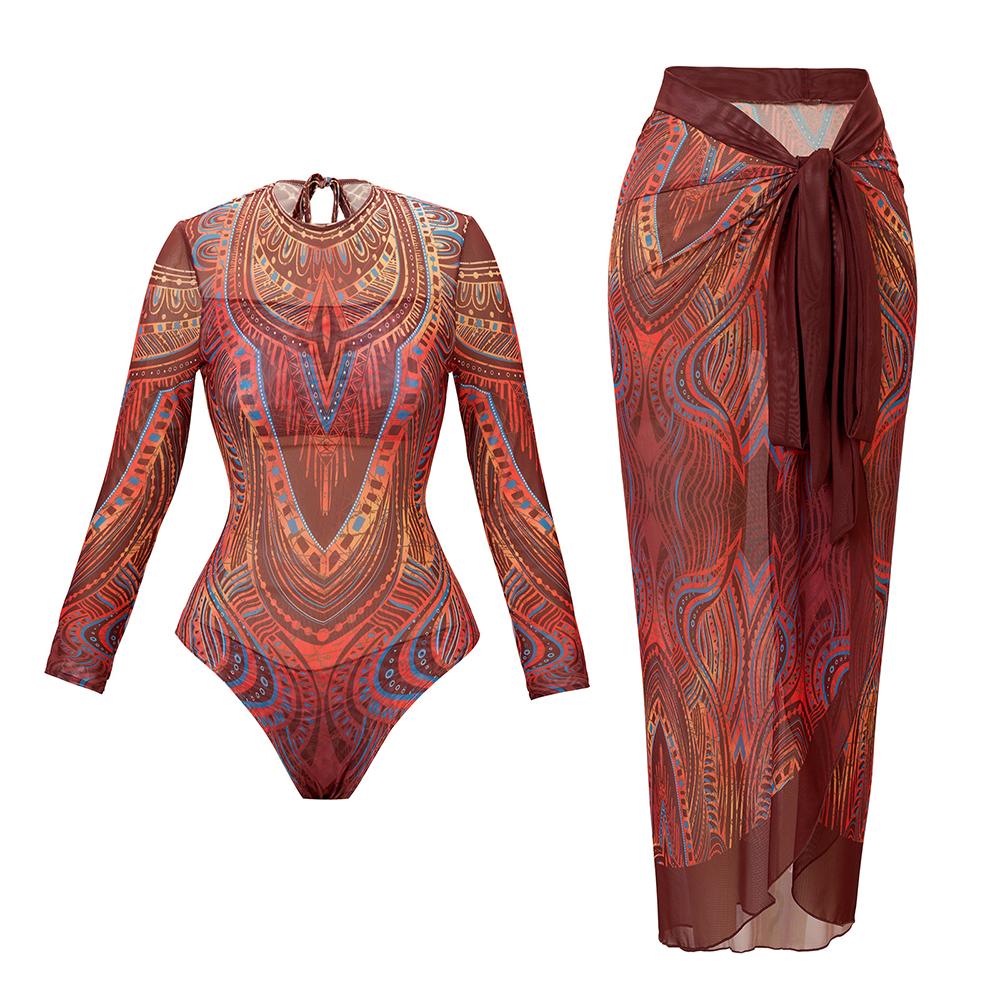2025 Long Sleeve Sheer Sun Protection One-Piece Set Swimsuit Women Sexy Rash Guard Swimwear Bodysuit Beachwear With Coverup
