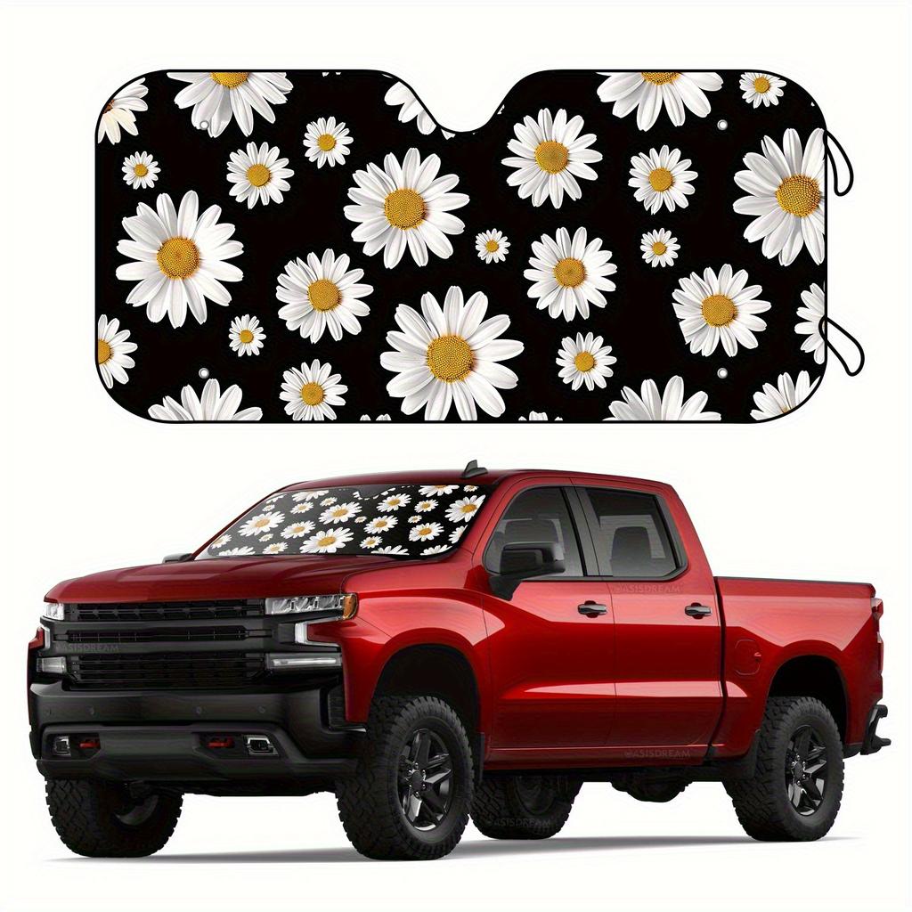 1Pcs White Daisy Pattern Windshield Sunshade UV Rays Heat Blocker Keeps Vehicle Cool Unique Design Fit Sedans SUVs Trucks RVs