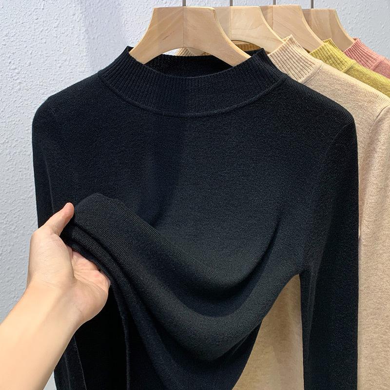 

Женский осенне-зимний трикотажный топ с высокой горловиной, однотонный, мягкий, липкий низ, эластичная внутренняя отделка на талии L чёрный