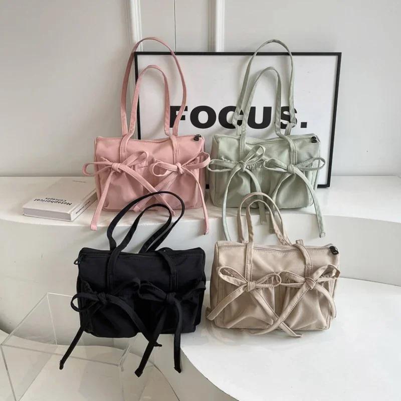 2025 New Korean Bow Nylon Shoulder Bag Folded Large Capacity Commuter Women's Handbag Fashionable and Sweet Design Tote Bag