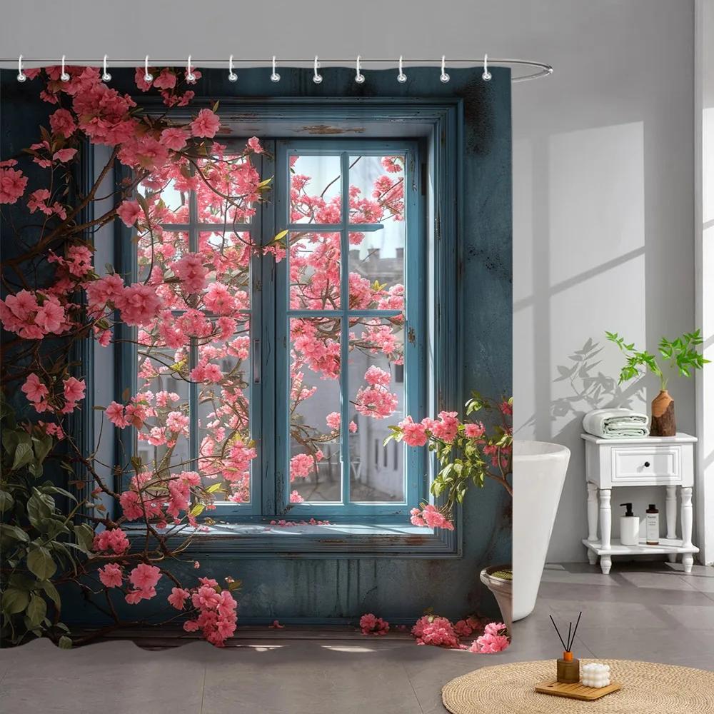 Outdoor Garden Poster Shower Curtain Vintage Window Wall Growing Floral Plants Polyester Fabric Shower Curta Bathroom Decor