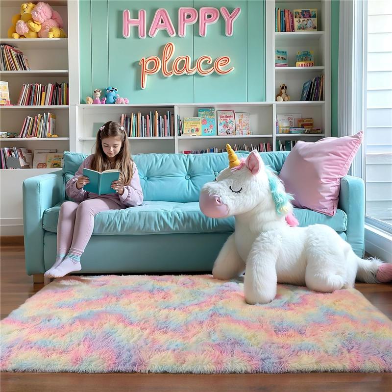 Rainbow Fluffy Shag Area Rug for Bedroom Ultra Soft Fuzzy Plush Washable Carpet Modern Cozy Non Skid Furry Shaggy Rug for Kids Baby Boys