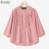 ZANZEA Women Casual Round Neck 3/4 Sleeve Loose Embroidery Print Blouse