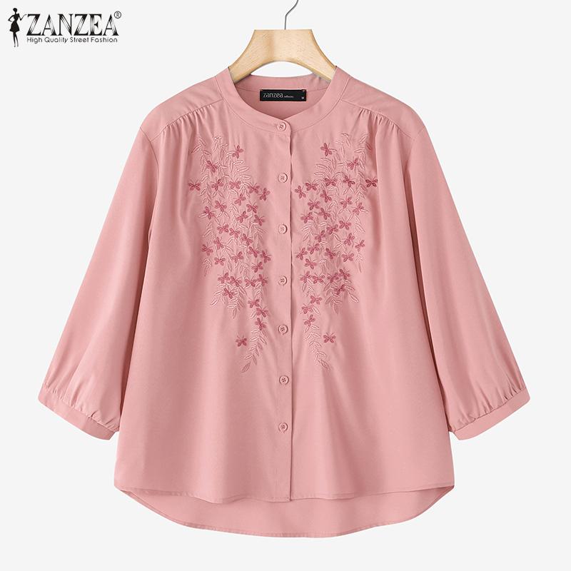 ZANZEA Women Casual Round Neck 3/4 Sleeve Loose Embroidery Print Blouse