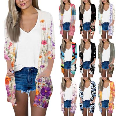 Women's Fashion Loose Casual Pocket Printed Cardigan Seven Sleeve Jacket Top