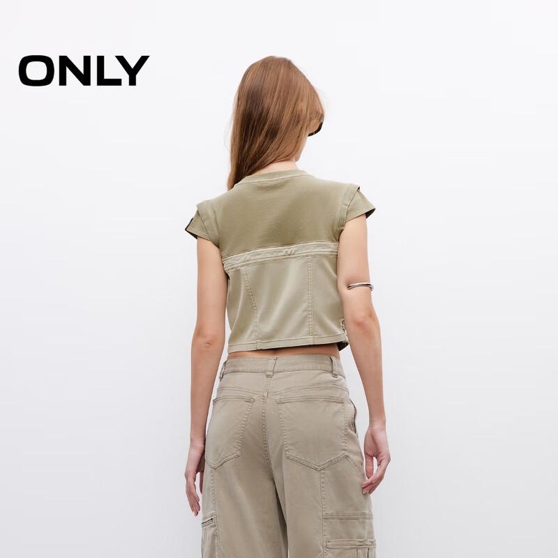 Only Women's 2025 Summer Solid Spliced Fabric Slim Fit Round Neck T-Shirt