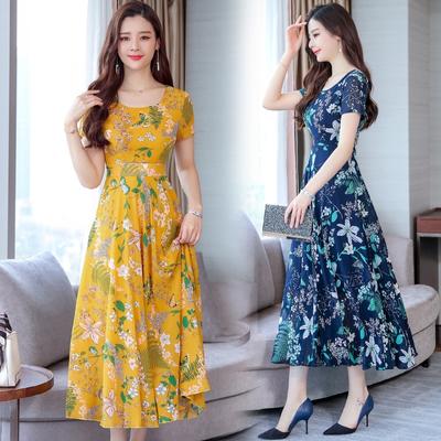 Sommer Chiffonkleid Damen Lässig Kurzarm Temperament Groß Gelb Rot Blume Rundhalskleid