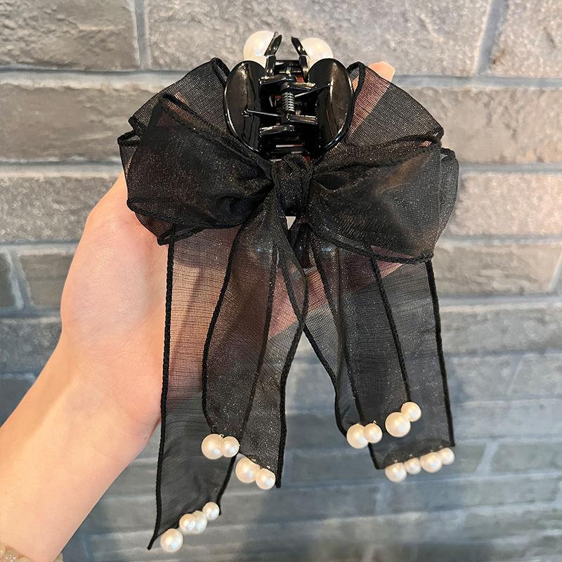 Bows Pearl Large Hair Grab Clip Super Fairy Gauze Ribbon Shark Pin Back Of The Head Female Accessories For Women