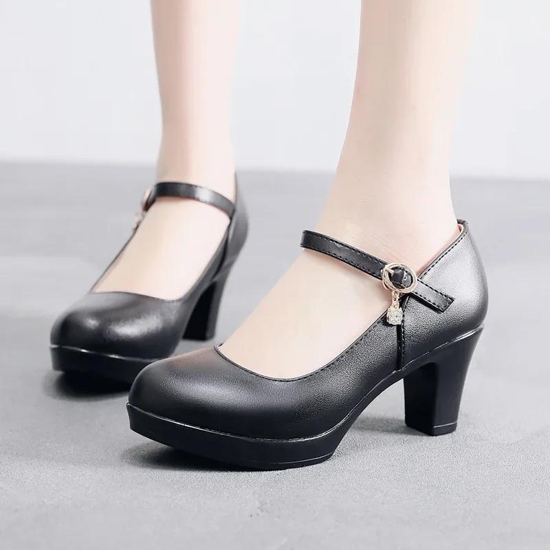 6 8 11 13cm Small Size 32-43 Comfortable Soft Leather Shoes Mary Janes 2025 Womens Block High Heels Shoes Dress Office Model Mom