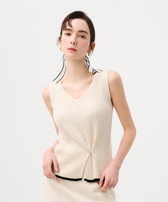 Pelimela 2-Way V-Neck Square Neck Knit Sleeveless (Beige)