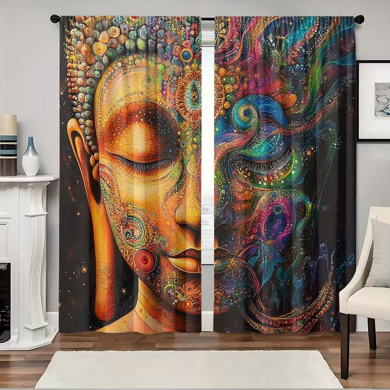 

2Pcs Buddha statue Peacock print curtains suitable for bedroom living room kitchen decoration home decoration window decoration 100*130 Rod Pocket 1pcs