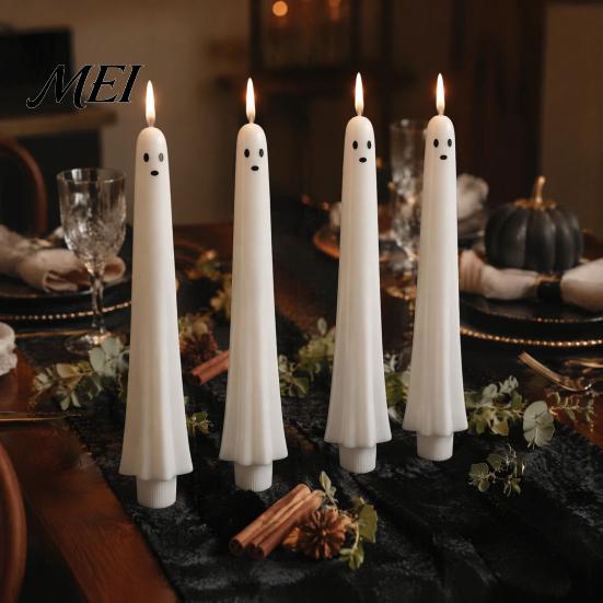 Décorations d'Halloween à piles Fantôme Bougies Coniques Sans Flamme, Lumière de Bougie Vacillante avec Veilleuses de Forme Unique Télécommande, Cire Véritable 3D