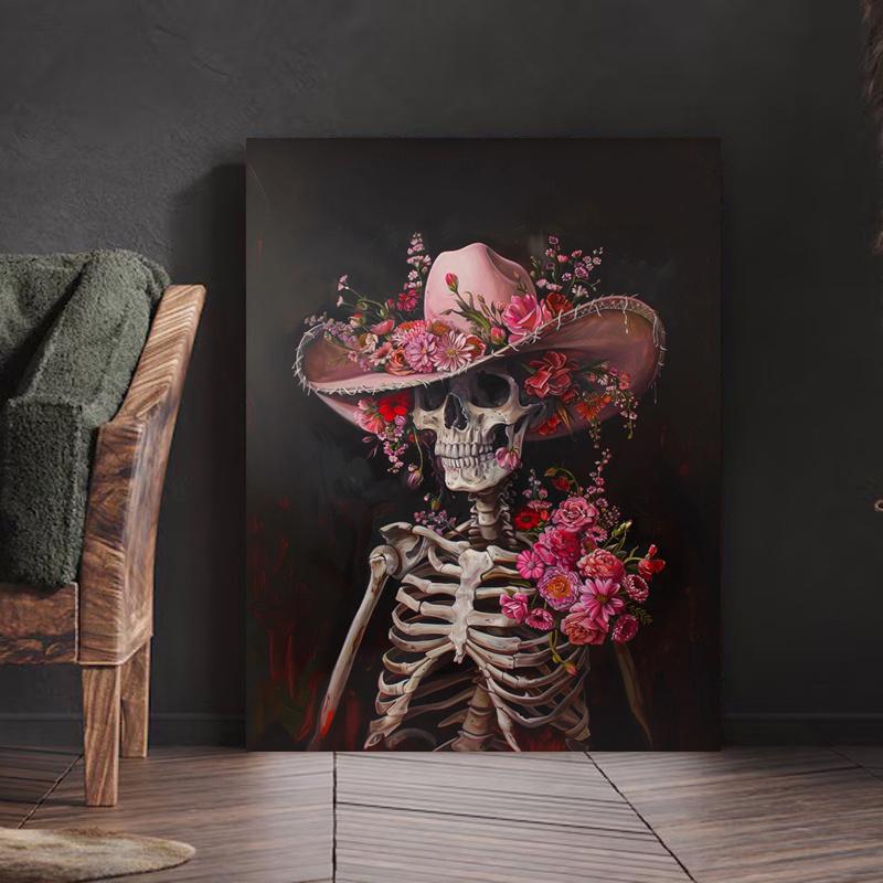 Framed - Countryside Cowboy Skeleton Poster - Pink Western Cowboy Canvas Art Poster Beautiful New Year Easter Gift
