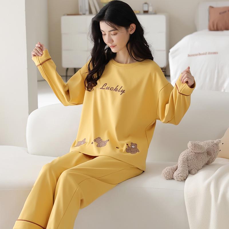 Women's Cartoon Long-Sleeve Pajama Set with Chest Pads – Loose, Casual, Round Neck, Suitable for Spring and Autumn, Indoor and Outdoor Wear