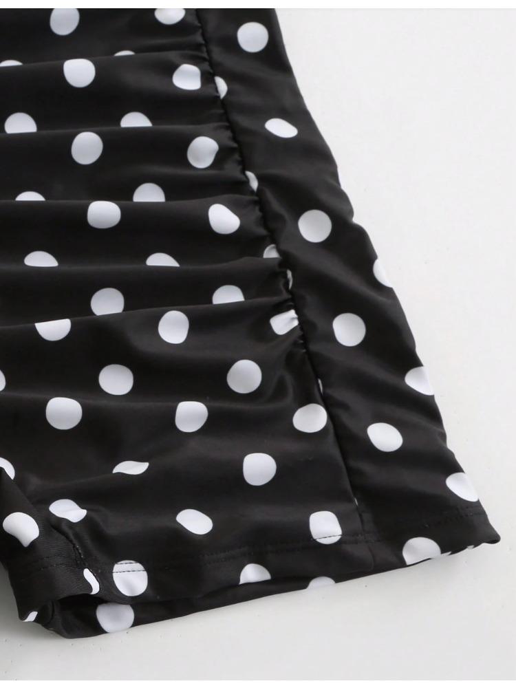 Charming Polka Dot Halter Pleated Slim Waist Bikini Swimsuit With Boyshorts For Beach Vacation