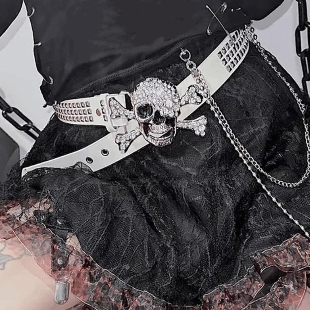 Rhinestone Black Rivet Belt Adjustable Skeleton Belt Skull Wide Waistband Trouser Decoration