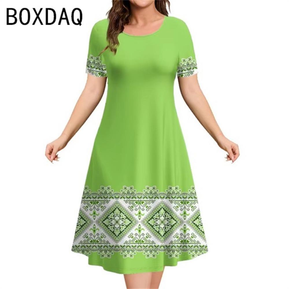 3D Vintage Ethnic Style Elegant A-Line Dress Oversized 3XL Women Short Sleeve O-Neck Casual Dress Letter Printed Casual Dresses