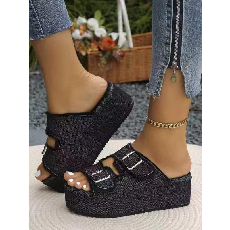 New Large-size Lame-heeled Denim Belt Buckle, One-pedal Cool Slippers, Women's Summer Wear Thick-soled Slippers
