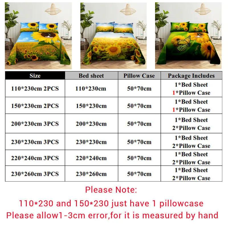 Sunflower Bed Sheets and Pillowcases for Single Double Beds Bedsheets Set with Pillow Case 2pcs 3pcs Queen Full Size 3D Soft