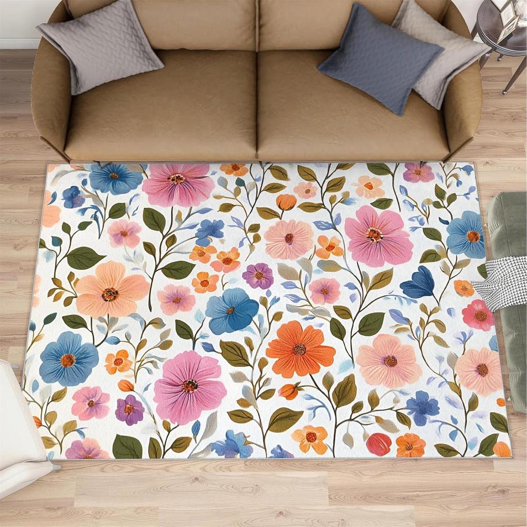 Colorful Flower Print Carpet Colorful Botanical Art Design Home Decor Mat Absorbent Anti-Slip Rug for Living Room Bedroom Etc