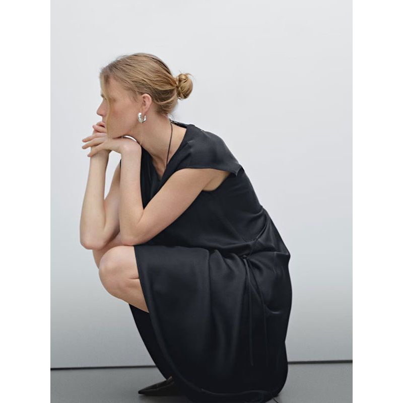 MD Women Clothes Old Qian Feng Drape Elegant Long Dress High Sense Satin Short Sleeve Dress Female 06659584452