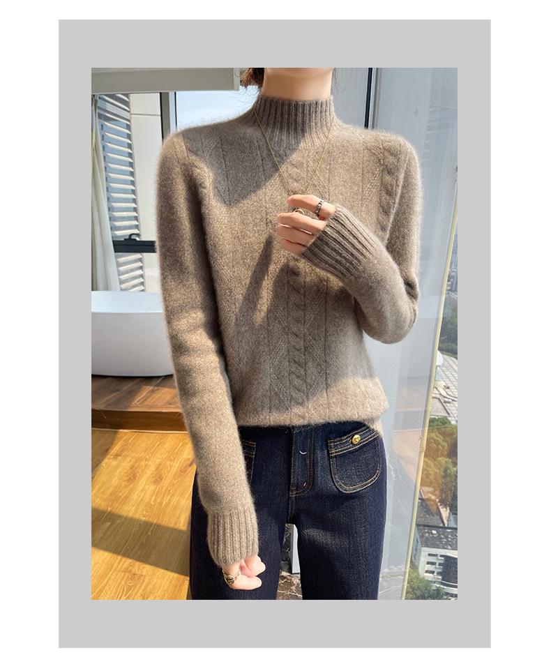 Damski wełniany sweter z golfem o splocie diamentowym - Wyszczuplający, wszechstronny pulower jesienno-zimowy