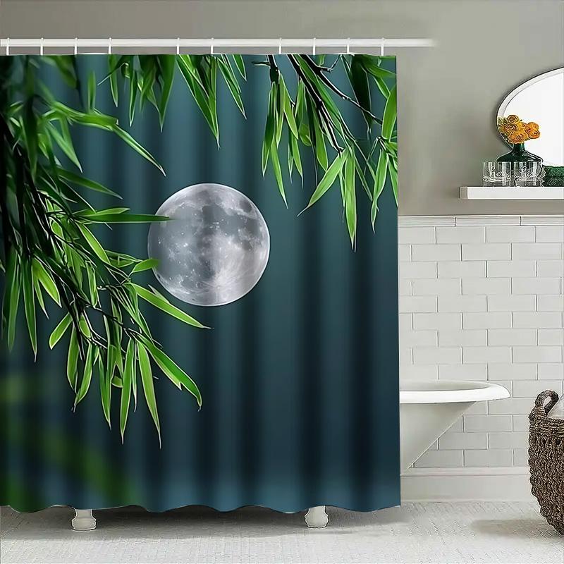 

Bamboo and Full Moon Waterproof Shower Curtain for Bathroom Decor Shower Room Partition Rustproof Grommets Curtain Quick 90X180cm(35x70in)