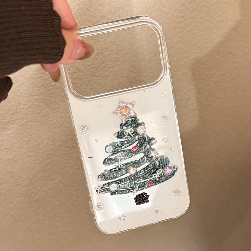Embossed Glitter Christmas Tree Graffiti Drop-proof Phone Case for iPhone 12, 14, 15, 16, 17 Pro Max