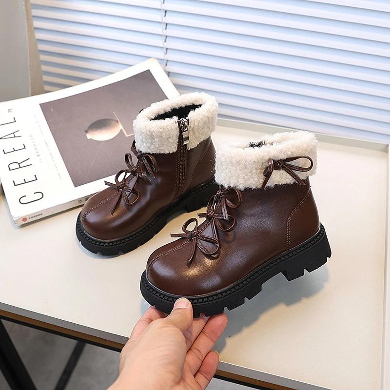 Girl Winter Boots Sweet Chic Children Platform Ankle Boots Elegant Bowknot Versatile Kids Fashion Cotton Boots New Solid Color