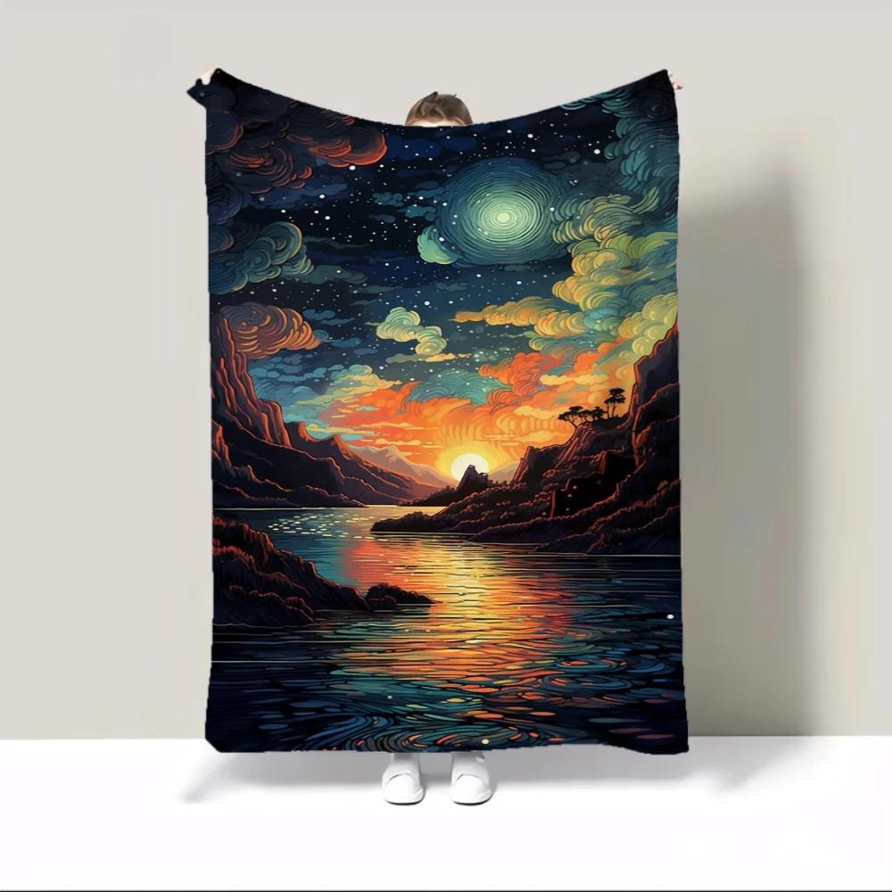 

Microfiber Blanket Oversized 200x300 Sun Moon and Tree Fleece Throw Blanket for Sofa Luxury Fluffy Soft Blankets King Size Knee 30x40in