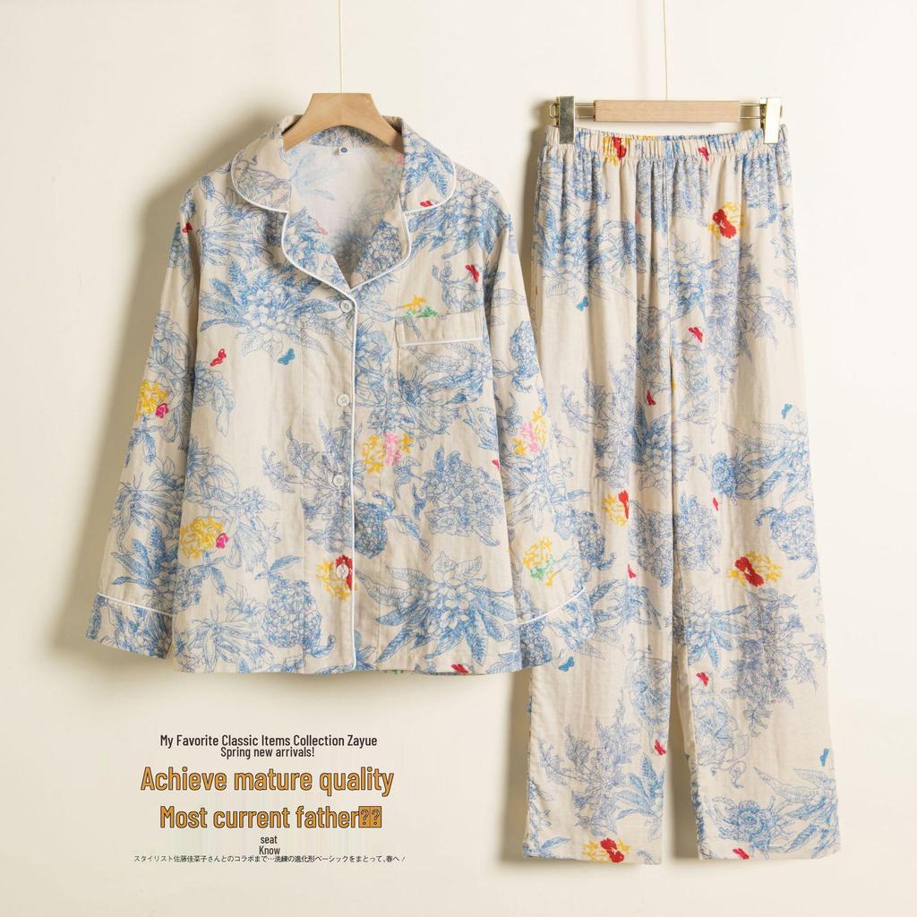 Monet Floral Double-Layer Gauze Pajamas for Women - Light Luxury All-Cotton Set for Spring and Autumn