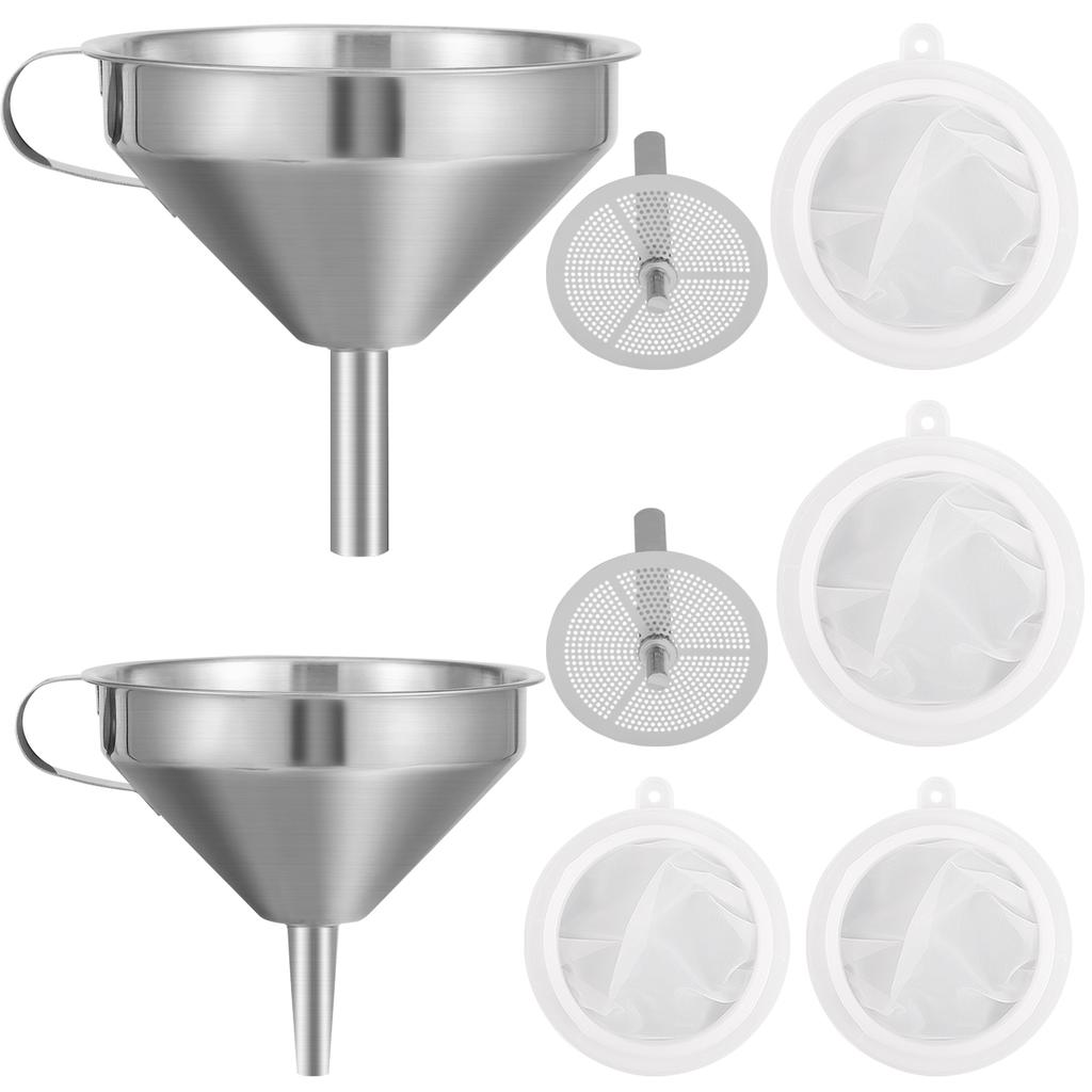 2Pcs Kitchen Funnels Set 5/6 Inch 304 Stainless Steel Oil Liquid Metal Funnel with 200/100 Mesh Strainer for Liquid Juice Wine