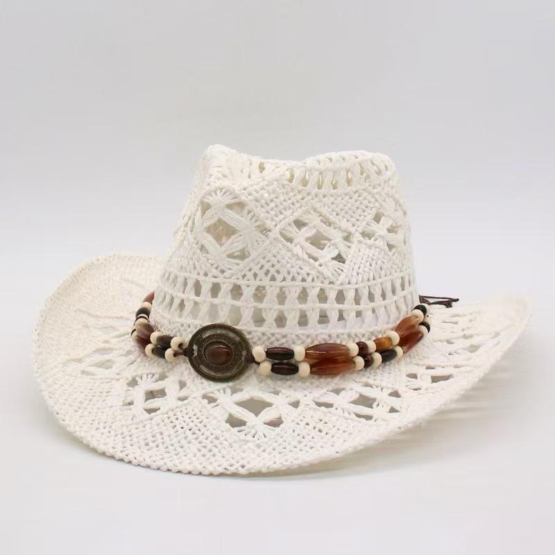 1Pc Summer Bohemian Shell Straw Hat Beach Women Men Cowboy Hats Wooden Beads Hollow Out Western Wide Brim Sun Hat Holiday Cap