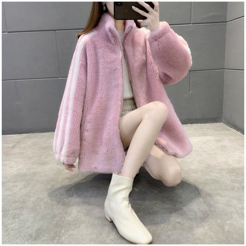 

Модная женская куртка из искусственного кроличьего меха со стойкой - Корейская осенне-зимняя коллекция 2024 3XL розовый