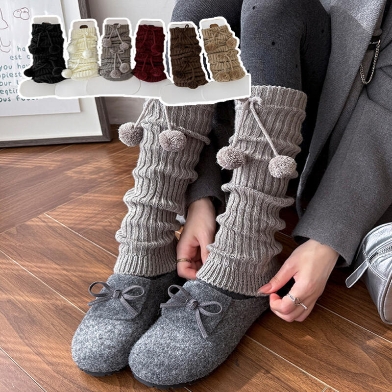 Tierra Ribbon Pom Pom Wool Stack Socks Leg Warmers black