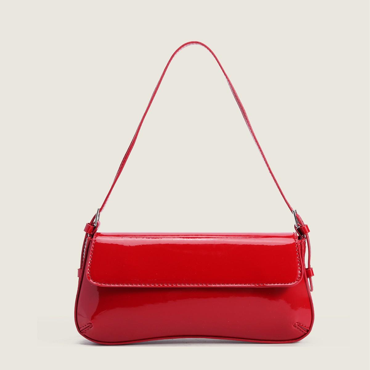

2025 New Patent Leather Burgundy Commuter Baguette Bag Flap Vintage Red European and American Simple Fashion Underarm Bag for Women червоний