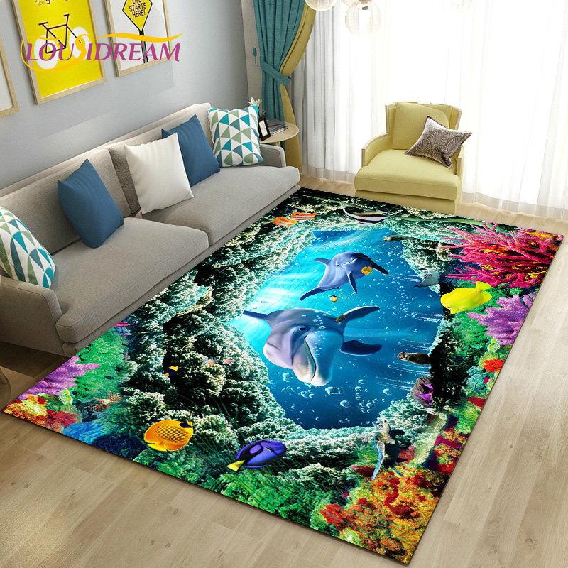 3D-Illusion Unterwasserwelt Meeresboden Delfin Hai Teppich, Teppich für Wohnzimmer Schlafzimmer Sofa Fußmatte Rutschfeste Bodenmatte