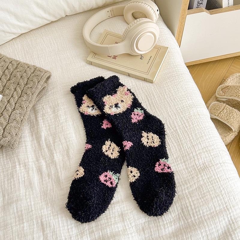 Fashion Coral Fleece Women Socks Warm Home Floor Socks Cartoon Strawberry Bear Socks Plush Mid Tube Sleep Socks