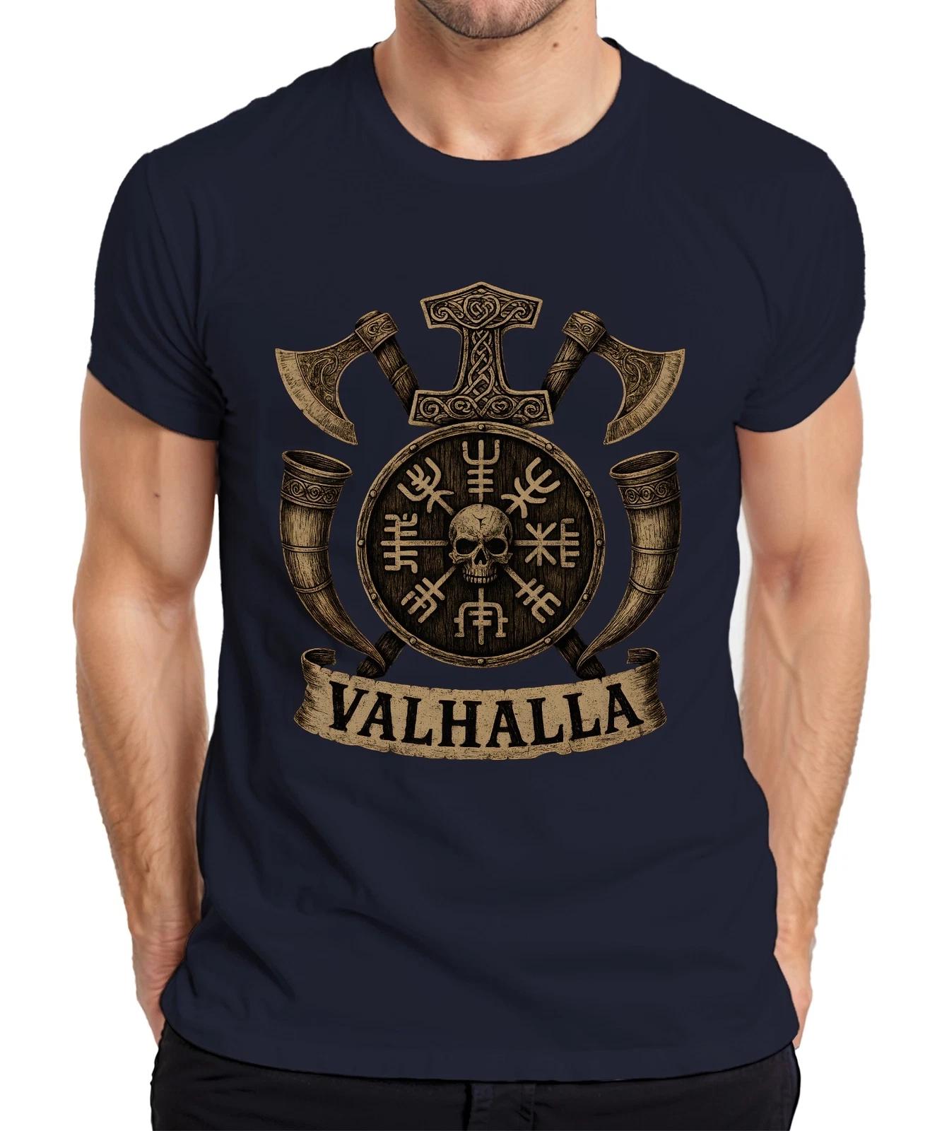 Wikinger Valhalla Runen Vegvisir Schild Schädel Äxte Hörner Retro Herren T-Shirt XXXL