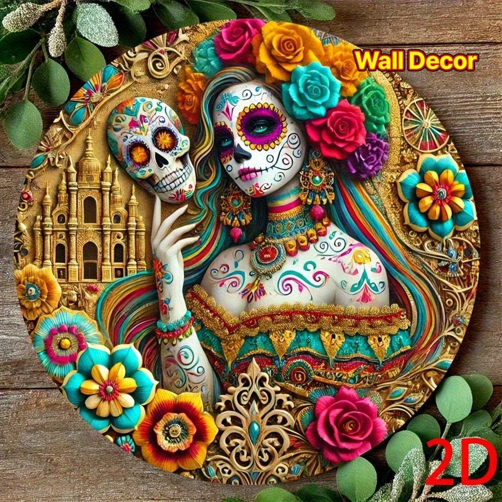 

Metal Wall Art Mexican Sugar Skull La Catrina Day of the Dead Floral Decor Handmade 20x20 разноцветный
