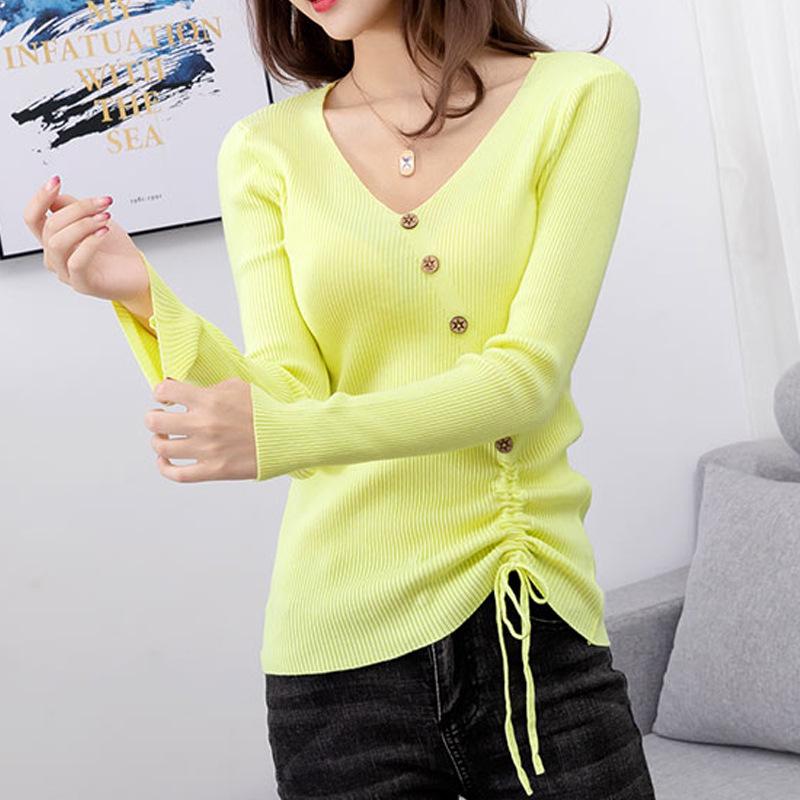 

Женский трикотажный свитер с V-образным вырезом, облегающего кроя - осенне-зимний, с длинным рукавом и кулиской Extra Large жёлтый