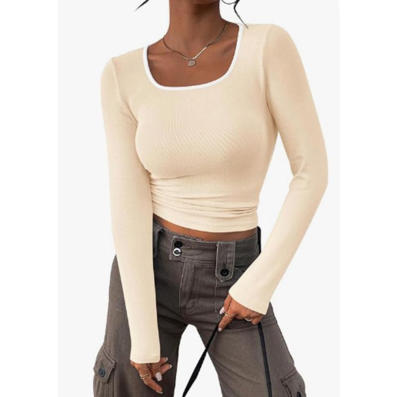 Women's Spring and Autumn Long-sleeved Scoop Neck Slim Ribbed Knit T-shirt Color-blocked Shirt