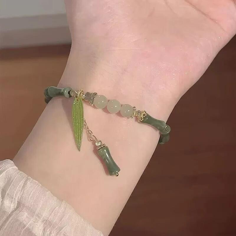 Chinese Style Retro Green Bamboo Joint Beaded Bracelet For Women's Fashion Simple Charm Alloy Leaf Bracelet Jewelry Gift
