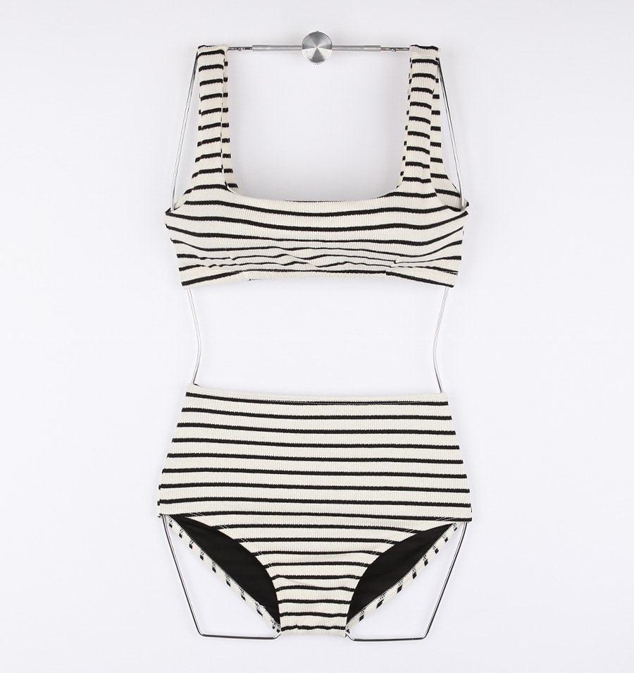 2023 Black & White Striped High Waist Backless Korean Bikini Two-Piece Swimsuit for Women